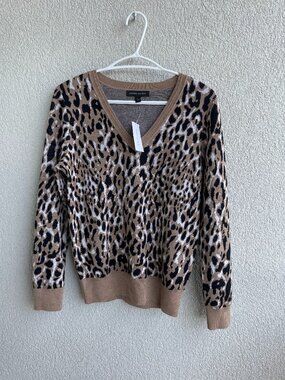 NWT Banana Republic Leopard Print Merino Wool Sweater V-Neck, Size S